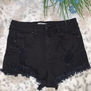 Refuge Distressed Black Denim Shorts Frayed Hem Mid Rise Summer Festival